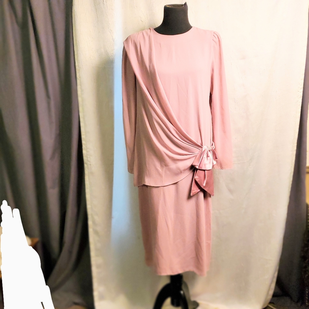 Vintage MOB Cocktail Formal Long sleeve dress with sash bow & Rhinestones 13